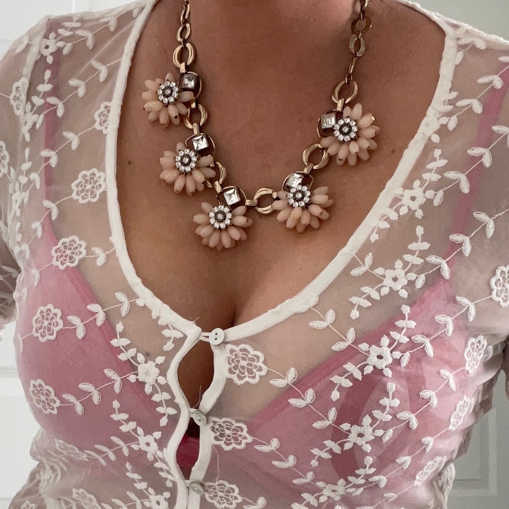 Gold pink peach flower statement necklace chunky